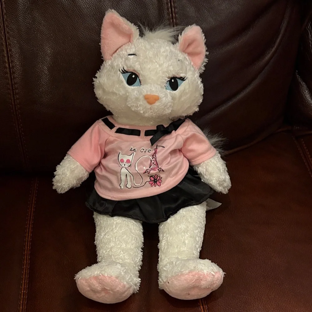Build-A-Bear White Plush Cat with Pink and Black Outfit